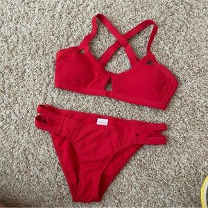 Red strappy ribbed bikini
